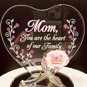 Heart of Our Family Mom Pink Rose Glass Figurine on Mirror Gift Decor